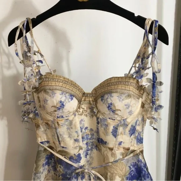 Zimmermann Cream & Blue Floral Corset Midi Dress